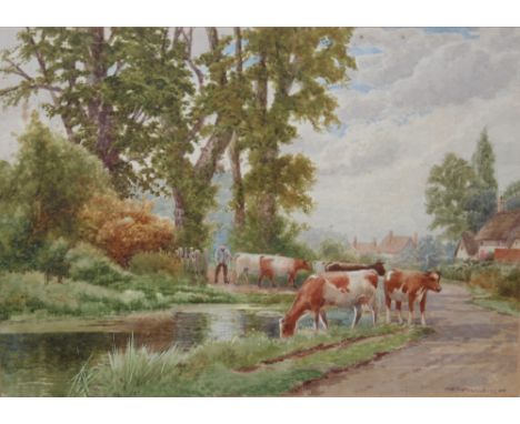 ARTHUR STANLEY WILKINSON (c. 1860-1930). Cattle in a village setting, signed lower right, watercolour, gilt framed and glazed