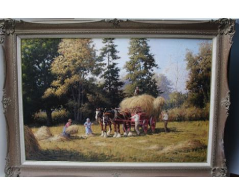 R MOSELEY (XX). Haymaking, signed lower right, oil on canvas, gilt framed, 50 x 75 cm
