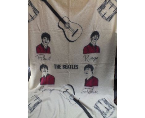 THE BEATLES - A 1960s VINTAGE BEATLES BLANKET, with portrait images and musical instruments decoration, 192 cm x 280 cm