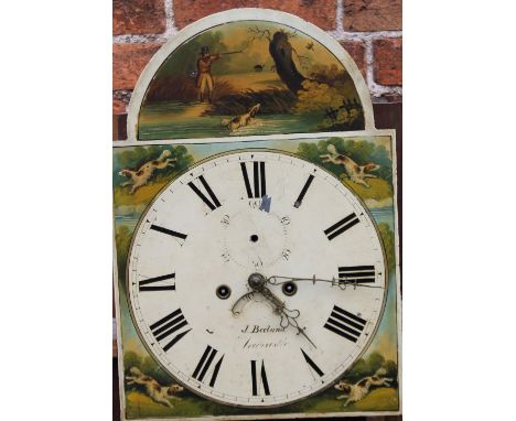 A 19TH CENTURY EIGHT DAY OAK AND MAHOGANY LONGCASE CLOCK BY J BEELAND OF NEWCASTLE, the painted arched dial with eight day mo