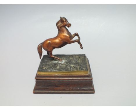 A 19TH CENTURY SMALL BRONZE OF REARING HORSE, mounted on rustic base, with stepped wooden plinth, overall H 10 cm