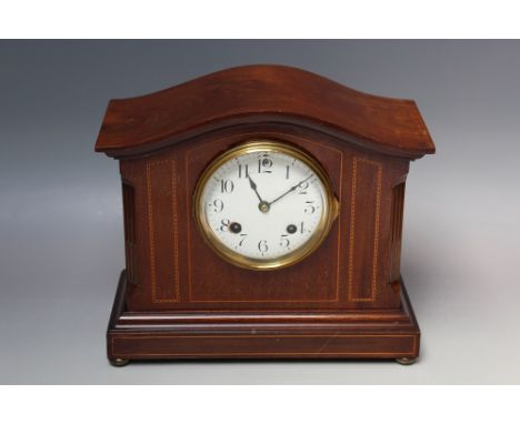 AN EDWARDIAN INLAID MANTEL CLOCK, the white enamel dial with Arabic numerals, movement marked "Ansonia Clock Co. New York USA