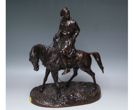 AFTER PIERRE JULES MENE (1810-1879). Bronze study of a Arab on horseback, bearing signature to the base, H 46 cm, L 35 cm