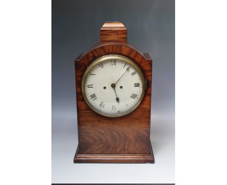A 19TH CENTURY MAHOGANY MANTEL CLOCK, the enamel dial with Roman numerals, the twin fusee movement and engraved back plate, H