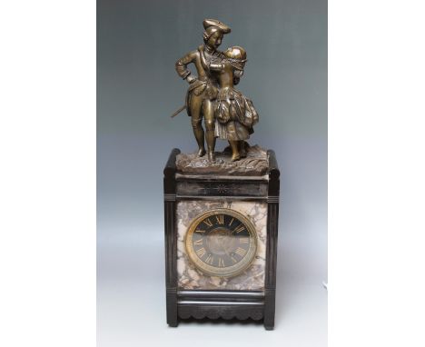 A 19TH CENTURY FRENCH MANTEL CLOCK WITH BRONZE FIGURAL SURMOUNT, the marble case with inset contrasting panel to front, the b