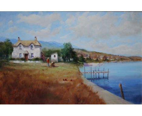 JACK R. MOULD.  'Estuary', with cottages, figures and boats, see verso, signed lower left, oil on canvas, framed, 50 x 76 cm