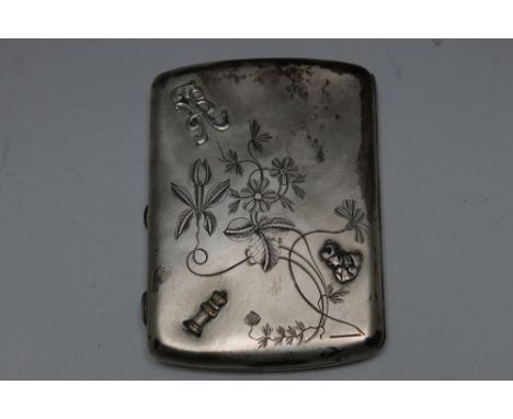 A HALLMARKED RUSSIAN SILVER CIGARETTE CASE, decorated with floral engraving and three applied pieces, carrying maker's mark B