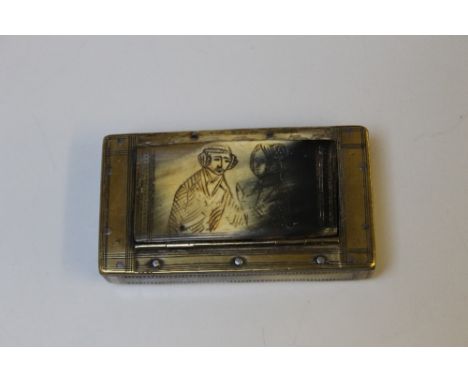 A POW TYPE BRASS MOUNTED SNUFF BOX,  etched with a scene with what appears to be an Oriental gentleman and a European woman i