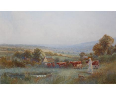 ARTHUR STANLEY WILKINSON (c.1860-1930). Cattle in a landscape with a young girl, signed lower right, watercolour, gilt framed