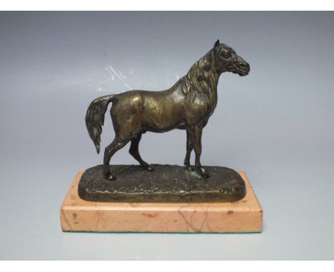 A 19TH CENTURY BRONZE OF A HORSE, the base impressed 'P J MENE', raised on a rectangular marble plinth, overall H 13 cm