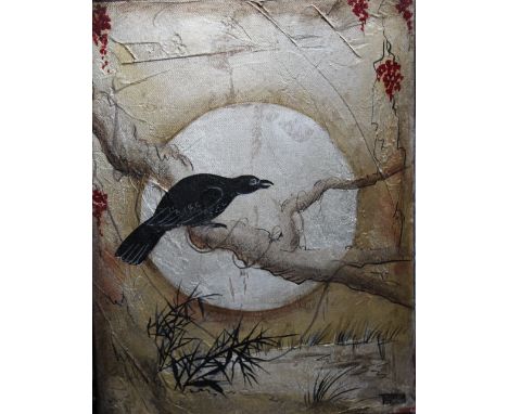 TERESA POOLE (XXI). Oriental landscape with a bird, signed lower right, mixed media on canvas, unframed, 40 x 30 cm