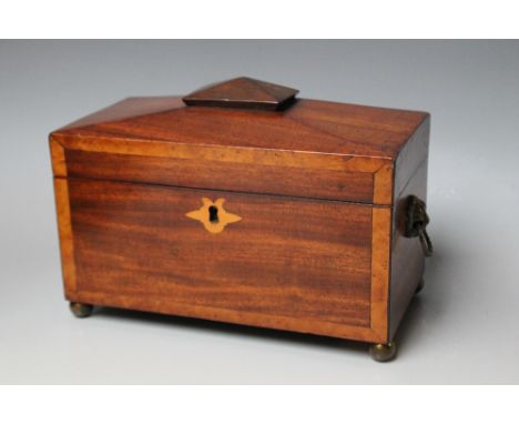 A GEORGE IV SARCOPHAGUS TEA CADDY, with twin handled lion mask detail and sitting upon four bun feet, W 21.5 cm