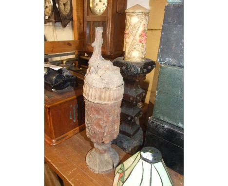 CANDLESTICK , CARVED LIDDED POT &amp; TIFFANY STYLE SHADE