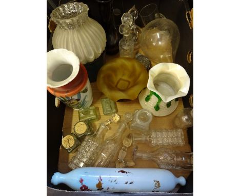 BOX OF GLASS VASES, DECANTERS AND ROLLING PIN