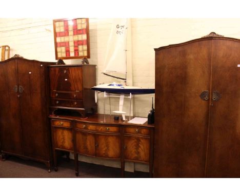 Pair walnut cabriole leg wardrobes, mahogany serpentine front sideboard, mahogany record cabinet and firescreen (5)