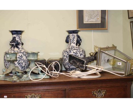 Two Carriage lamps, candle stands, lantern fitting and two vases