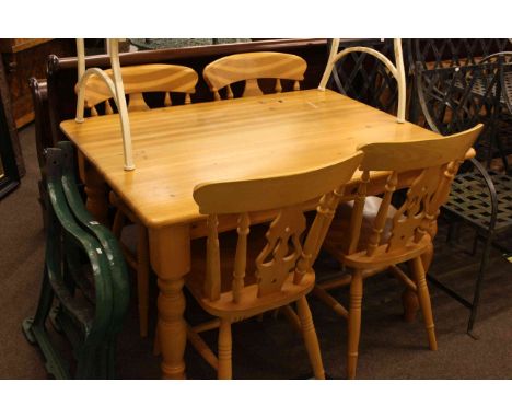 Pine turned leg kitchen table and four beech chairs