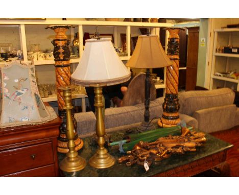 Pair of table lamps, two pairs of candle stands, parasols, gilt wall brackets, barrow, calendar, etc