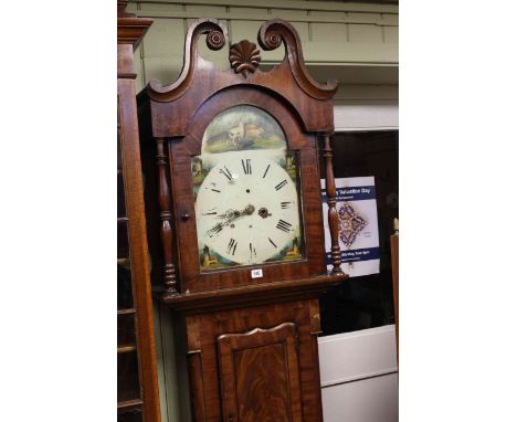 Two antique mahogany and carved oak longcase clock cases, one with painted arch dial