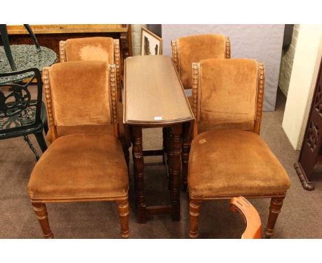 Set of four late Victorian oak dining chairs, oak drop leaf table and open bookcase (6)