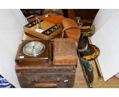 Clock, barometer, binoculars, brass wares, boxes, etc