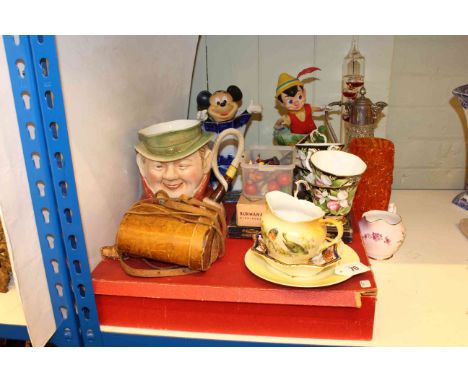 Whitefriars tangerine bark vase, binoculars, model railway accessories, Beswick Tony Weller, Royal Albert teaware, etc