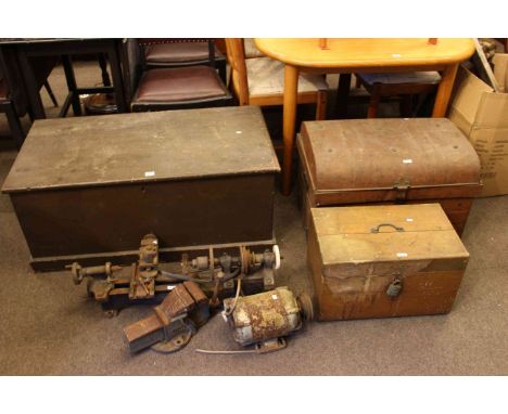 Lathe, collection of tools, pine trunk and tin trunk