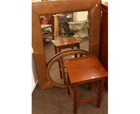 Mahogany occasional table, leather framed mirror and oval framed mirror (3)