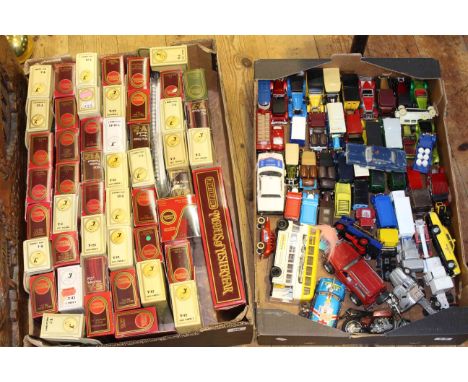 Two boxes of boxed and loose model vehicles including Matchbox Models of Yesteryear