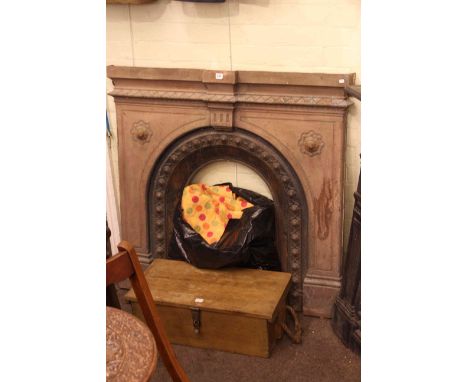 Cast iron fireplace, tool trunk and curtains