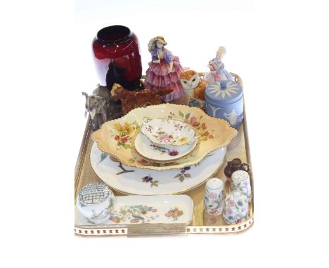 Royal Doulton figures and vase, Royal Worcester dishes, etc