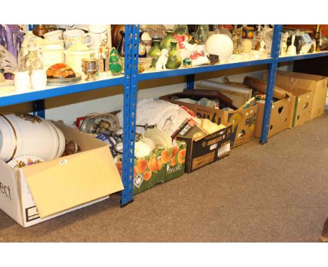 Seven boxes of glass, china, linen, cuckoo clock, pottery barrel, football programmes, candelabra, etc