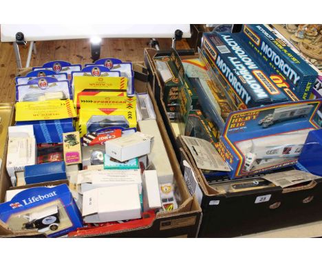 Two boxes of boxed model vehicles including Matchbox, Corgi, Eddie Stobart, etc