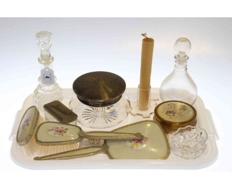 Silver topped powder bowl, dressing table set, etc