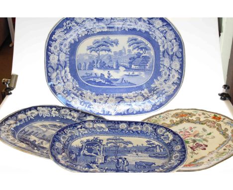 Three large antique blue and white meat plates and coloured plate (4)