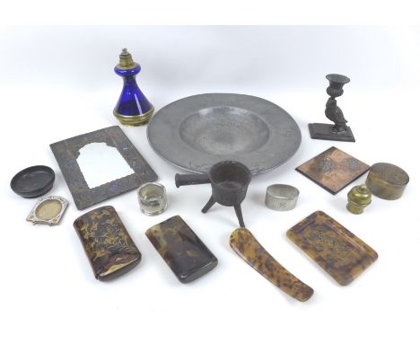 A group of metal wares and collectables, including a bronzed cast metal candlestick with owl and thistle stem, base signed 'B