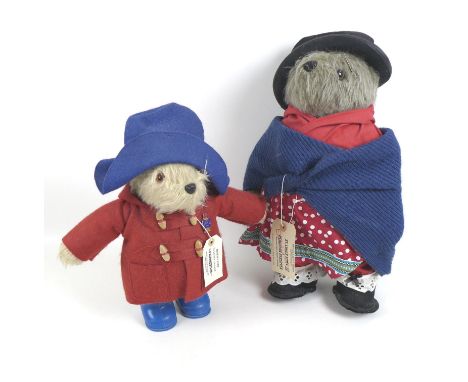 A Paddington Bear, and an Aunt Lucy bear soft toy, both by Gabrielle Designs, Paddington with blue hat, red duffle coat, an e