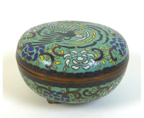 A Chinese cloisonne enamel circular box and cover, probably late Qing Dynasty, 19th century, decorated to the lid with a bird
