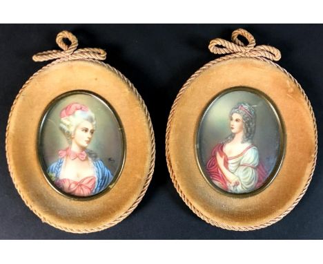A pair of miniature portraits,  late 20th century, each of oval form, half length, each depicting a Georgian lady, one signed