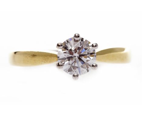 EIGHTEEN CARAT GOLD DIAMOND SOLITAIRE RINGset with a round brilliant cut diamond of approximately 0.86 carats, size O, 3.9g