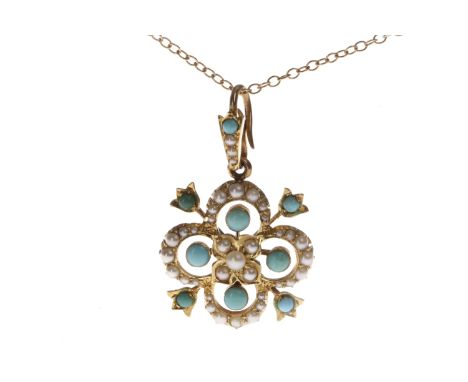 EDWARDIAN TURQUOISE AND PEARL PENDANTof quatrefoil form, set with round cabochon cut turquoise and graduated split pearls, 23