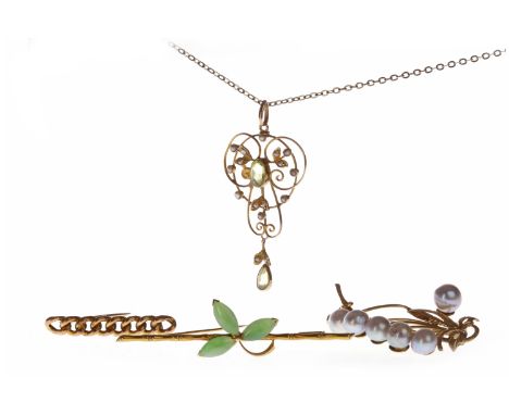 EDWARDIAN NINE CARAT GOLD GEM AND SEED PEARL SET PENDANTopenwork, set with two oval green gems,48mm high, on a white metal ch