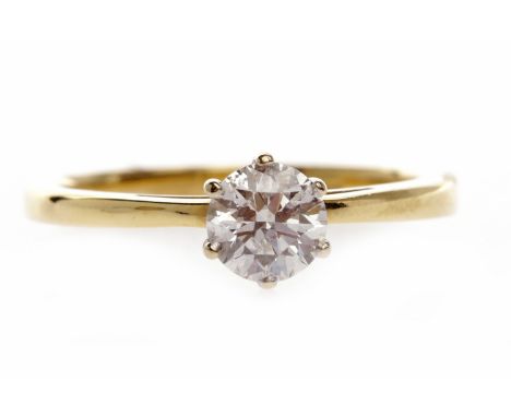 EIGHTEEN CARAT GOLD DIAMOND SOLITAIRE RINGthe round brilliant cut stone of approximately 0.50 carats, size K, 2.5g