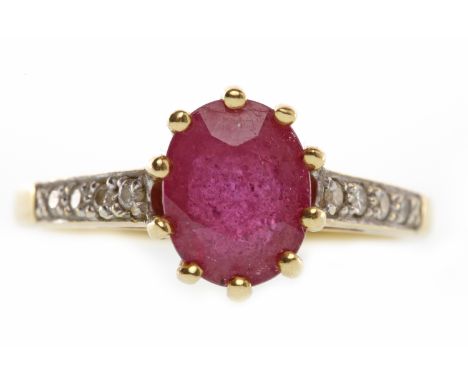 EIGHTEEN CARAT GOLD DIAMOND AND RUBY RINGthe oval ruby of approximately 1.53 carats, with four round brilliant cut diamonds o