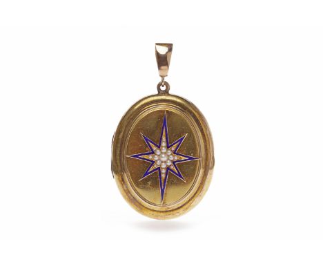 VICTORIAN GOLD PLATED PEARL AND ENAMEL LOCKETof oval form, with a central enamel edged pearl set star, 46mm high