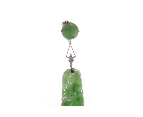 PAIR OF ART DECO EIGHTEEN CARAT WHITE GOLD JADE AND DIAMOND DROP EARRINGSeach with a section of carved and pierced jade 37mm 