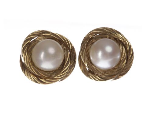 PAIR OF NINE CARAT GOLD MOUNTED PEARL STUD EARRINGSeach with a spherical white pearl 6.1mm diameter within a textured knotwor