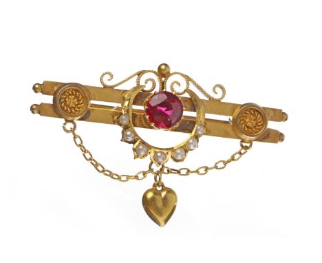 VICTORIAN NINE CARAT GOLD PASTE AND PEARL SET BAR BROOCHformed by two bars with linking roundels and applied spherical termin