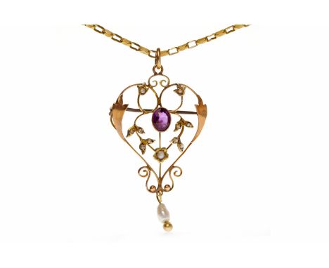 EDWARDIAN AMETHYST AND PEARL SET BROOCH PENDANTopenwork and of sinuous form, set with a central oval amethyst with radiating 