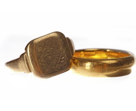 TWENTY TWO CARAT GOLD WEDDING BANDsize K, 6.4g; along with a gentleman's nine carat gold signet ring, size N, 2.3g (2)